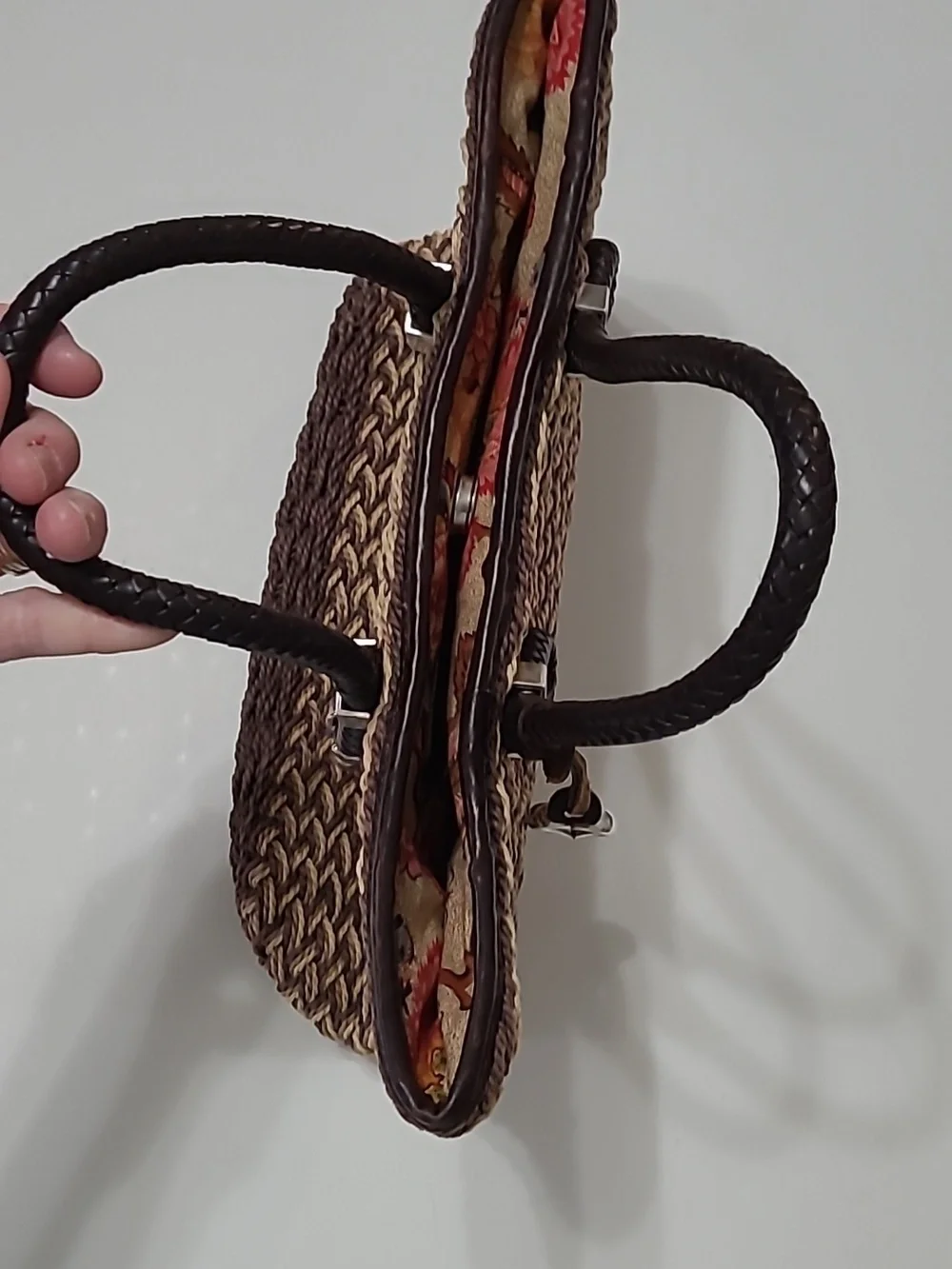 Brighton Tan Woven Tote, Dark Brown Trim, Silver Charm & Leather Braided Handles